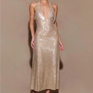 Meshki Diamante Halter Midi Dress - Nude